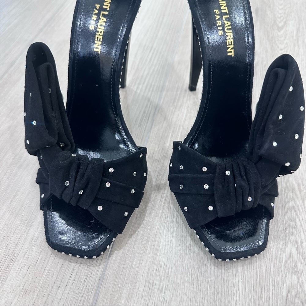 NWT Saint Laurent Freja suede bow crystal open toe heels black 9 EUR 39.5 - Picture 4 of 13